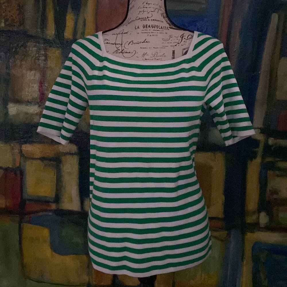 Talbots green/white boat neck sweater- Large petite